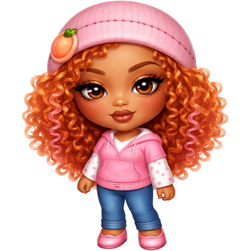 Apricot From Strawberry Shortcake with a Warm Golden Skin Tone With Curly Apricot Orange Hair and Pink Highlights Wearing a Soft Pink Beanie and a Dark Pink Stitch Going Across it with a Apricot Clip on the Left side of it with Heavy Lower Lips, a Prominent Eyelash Style and a Matte Brown Lipstick Finish, With a HD Makeup Style Look and a Adult Petite shape and a Thin Eyebrow shape and a Protruding Eye Shape with a Triangle Shaped Face Shape and a Detached Earlobe with a Pink Shirt with a Wide V-Neck with White Long Sleeves with Pink Polka Dots and a White T-shirt where the V-Neck is located and a Big Pocket in the Middle With Blue Denim Pants and a Black Stitch Pattern at the Bottom Wearing Pink Flats in a Intense Polished Shine and Diffused Lighting