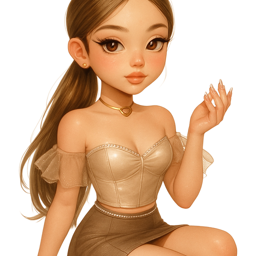 luxury glossy bratz-anime romantic aesthetic, warm cinematic glow, crisp clean detail, glossy glam skin. brown eyed Petite girl, fair skin with soft freckles, wide face with tall forehead, honey-golden almond wide-set upturned eyes, fluttery lashes, shimmer highlight, plush lips, bottom heavy lip, sweet Belle-princess vibe, long straight brunette hair with visible light blonde highlights, softly defined feminine body, soft hourglass shape with full round bust, peach-glazed sugar clinging to fingertips, cropped satin corset in whispering champagne-beige, structured with soft boning and subtle sheen catching warm light, neckline rimmed with miniature crystal droplets reflecting faint pink sparkles, off-shoulder mesh sleeves that ripple like butterfly wings, paired with a high-waisted mocha micro-skirt hugged by a delicate rhinestone waistband; glossy taupe platform boots towering and soft at the ankle, faint reflection of pastel lights along their patent surface; hair slicked into a low side ponytail, honey-brown with warm threads of gold, secured with a clip; skin kissed with rose-gold radiance along collarbones, cheeks dusted in muted toffee blush, lips glazed with clear vanilla gloss, gold heart choker resting against hollow of throat, nails glassy almond-pink tipped with silver shimmer. Cozy romantic glow, soft warm lighting, pop-princess energy