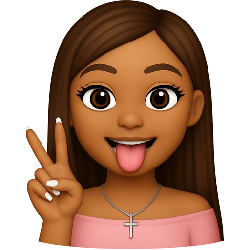 A 13 year old girl with long brown hair and tan doing one peace sign with tung out to the side light pink off the shoulder shirt big eyes long eyelashes French tip nails and a silver cross necklace with bobs not that much