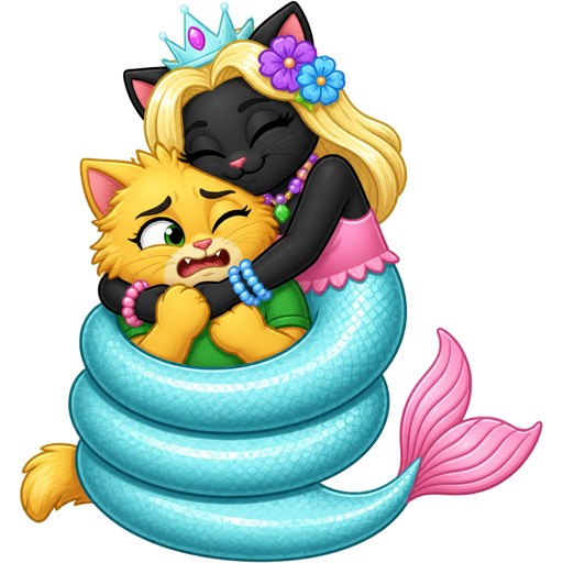 furry yellow cat with green shirt getting coiled hugged tightly by black cat furry with light yellow hair purple and blue flowers light cyan crown purple and green necklace pink and blue bracelets pink dress attached to long light cyan mermaid tail with pink tail fins like a snake