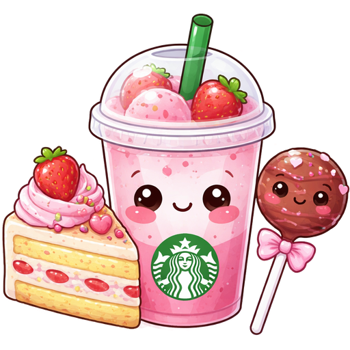 Starbucks pink drink cute. With a strawberry shortcake and strawberry frosting on the side. and strawberry cake pop with chocolate frosting and the cute little 〰️ mouth on it
