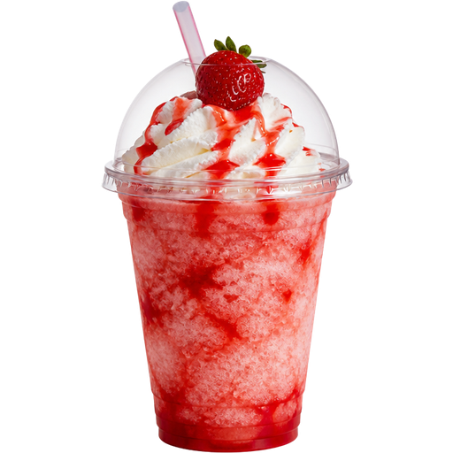 Strawberry Shortcake Soft Shaved Ice Slushie in a Plastic Cup and Plastic Dome Lid with a Straw Mixed in with Extra Syrup with Whipped Cream and a Strawberry on Top