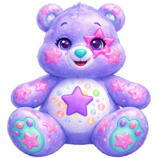 Dazzling Star Periwinkle Care Bear with Pink Stars Covering the Arms, Legs, Face, Tail, and Right Ear with a Teal Heart Nose and Teal paws with Pink Stars on the fur of the Bottom of the feet with a Purple Star in the middle and Green and Pink Stars Surrounding it along with Yellow, Green and Pink Bubbles next to it on the Stomach on the Right Eye there is a Big Pink Star Surrounding it and Two Big Pink Stars Covering the cheeks