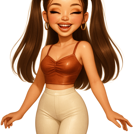 luxury glossy bratz-doll romantic aesthetic, warm cinematic glow, crisp clean detail, glossy glam skin. brown eyed Petite girl, fair skin with soft freckles, long wide face with tall forehead, honey-golden almond wide-set upturned eyes, fluttery lashes, shimmer highlight, plush lips, bottom heavy lip, sweet Belle-princess vibe, long straight brunette hair with visible light blonde highlights, softly defined feminine body, soft hourglass shape with full round bust, laughing mid-spin, copper satin crop tank with ruched front, ivory high-rise flare pants, matching copper strapped heels, golden hoop earrings, hair in high pigtails with tan scrunchies, warm honey eye shimmer, shiny toffee lips, caramel manicure. Cozy romantic glow, soft warm lighting, pop-princess energy