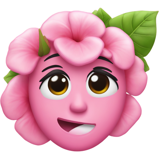An emoji chewing bubble gum with its eyes closed a a light pink hibiscus flower in its hair and it has small black lashes