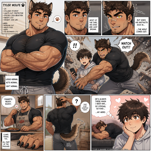 An Anime comic book of a Bulky and Slim and Small Waist and Huge Biceps but Muscular and more Muscle than Fat ANIME Cute Bara Man Who looks Normal and American with a round facial Structure and Basic facial structure With Puffy and Big Pecs that are visible through the shirt and Biceps and Bandaid on his nose and is Hot and Cute. And he has anthropomorphic features like a Dog tail and Ears and Teeth and more body hair and a little bit more Hair on his head and has claws and no human ears and more hair on his head but still short and can change eyes from human to wolf when his instincts show and sometimes will save his roommate from disasters due to quick reflexes. But doesn’t know his roommate thinks of him like that