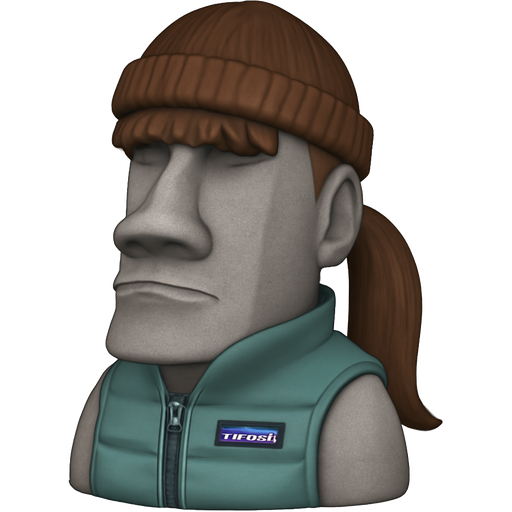 official Apple Moai grey stone statue wearing a Patagonia vest and beanie, with long brown ponytail and bangs hair