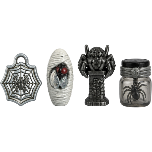 moose toys treasure x 4 non gold treasures they have a spider theme 1 spider web charm 2 fly wrapped up in a spider web cocoon 3 spider idol 4 spider jar