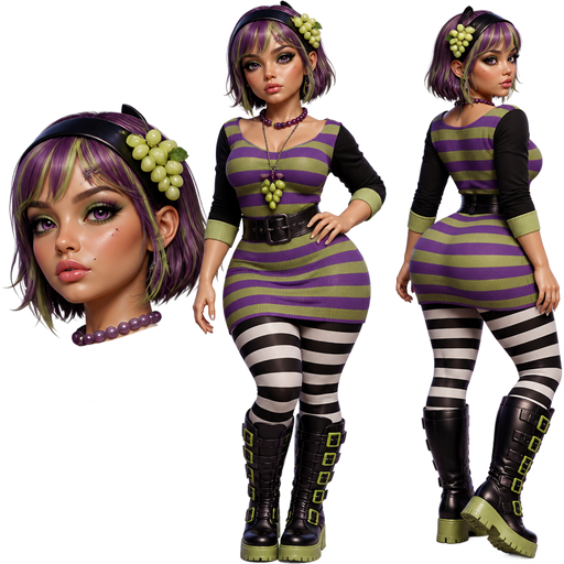 Sour Grapes with a Fair-Light Neutral Natural Skin Tone and a Flat Lip Shape With a Monique Eyelash Set Up and a Rose Quartz Lipgloss With a Dark Green Eyeshadow and a Modern Angled High Arched Eyebrow with a Down-Turned Eye Shape and a Round Face Shape with a Purple Pixie Bob Haircut and Lime Green Highlighted Streaks Including Bangs with a Black Headband with Green Grapes on the Right Side of her headband Along with a Mole on the Left Side of her Face Wearing a Purple and Lime Green Striped Longish Sleeved Dress and the the Sleeves are Black when they are rolled they are light green Wearing a Dark Purple Pearl Necklace and a Long Green Grape Necklace Wearing a Black Belt Wearing White and Black Striped Leggings Wearing Long Black Rubber Boots With The Straps Being Black and Underneath it is Lime Green the Bottom of the Boots are Lime Green With Purple and Lime Green Ombré Eyes and a Luminous Glazed Complexion with a 3D Naturalistic Animation and a Mature Adult Curvy Toned Build with a Luxury Glossy and a Refined Pristine Set Up with a Theatrical Appearance