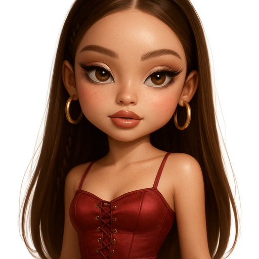 semi-realistic soft cartoon luxury glam, mini plush Bratz-doll aesthetic, cinematic glow, crisp clean detail, glossy glam skin. brown eyed Petite 5ft girl, fair skin with soft freckles, wide face with tall forehead, honey-brown almond wide-set upturned eyes, fluttery lashes, shimmer highlight, plush lips, bottom heavy lip, sweet Belle-princess vibe, long straight brunette hair with visible caramel highlights, wearing a crimson satin lace-up corset top with tiny eyelet threading, a matching asymmetrical micro mini skirt with draped ruching, gold hoop earrings, hair in sleek straight side-part hair with two tiny braids framing one side, makeup with a sharp smoked-wing liner, champagne shimmer lids, rosy mauve blush, warm bronzed skin, and a glossy pinky-nude lip