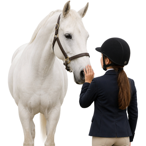 Make a white horse facing on an angle to the right and put a halter on it and make a girl in horse riding gear be petting the horse on the nose and you can see the girls back