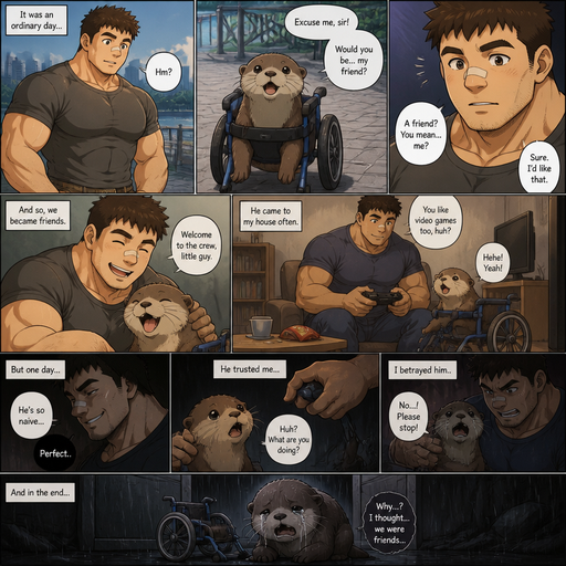 A DETAILED AND LIFELIKE ANIME Comic Book story view of a Bulky but Muscular ANIME Cute Bara Man With Peach toned skin Who looks Normal aind round facial Structure and Basic facial structure With Puffy and Big Pecs that are visible through the shirt and Biceps and Bandaid on his nose and Brown short hair. Wearing normal clothes. An otter goes to him in a dog wheel chair and asks to be his Friend and He accepts but then the otter goes to his house and is Betrayed
