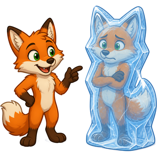 orange anthro fox with green eyes next to orange anthro fox with green eyes frozen in ice shaped like a anthro fox