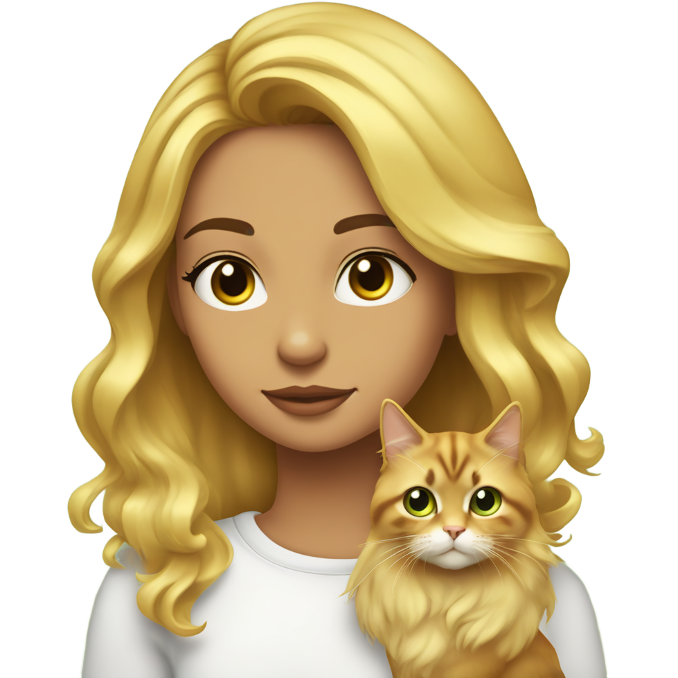 Chica con pelo lacio estilo balayage rubio de tez trigueña amarilla abrazando a un gato persa blanco con ojos verdes