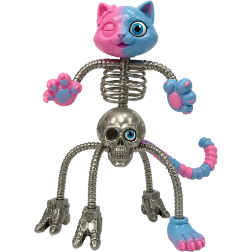 toy pink and blue cat head one blue doll eye are on right toy pink and blue cat paws skeleton like body made of sliver flexible hoses toy pink and blue cat tail with sliver human skull head with blue doll eye on left eye socket 3 spider like legs made of sliver flexible hoses with attached 2 endoskeleton feet 1 toy pink and blue cat foot happy meal toy