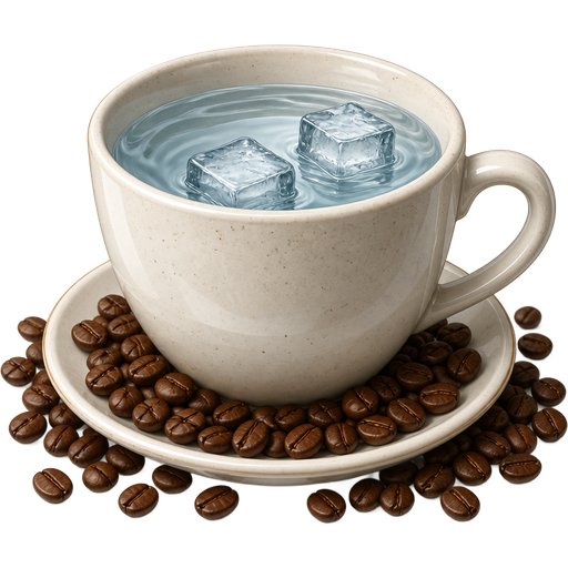 A large coffee cup, full of fresh water and two small ice cubes. The cup I sitting on a matching saucer and surrounded by coffee beans