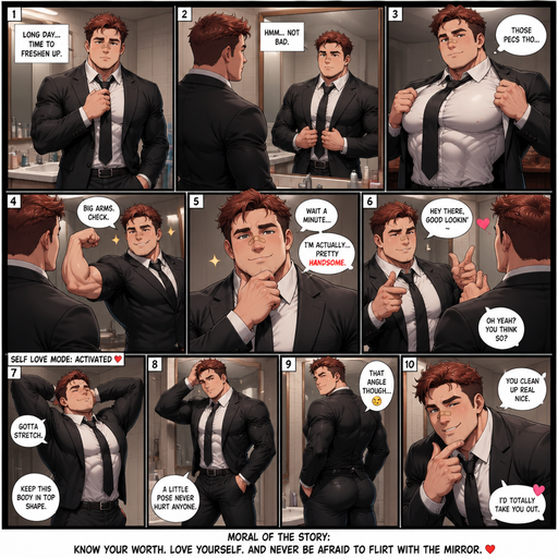 A Full page Anime Comic book story of a masculine and Bulky ANIME Cute Bara Man Who looks Normal and American with a round facial Structure and Basic facial structure With Puffy and Big Pecs that are visible through the shirt and Biceps and Bandaid on his nose. Wearing a Black Suit and tie and Pants and Dark Red Hair. Doing different poses in the bathroom and showing off his body in the mirror and finally recognizing that he’s handsome. And then Flirts with himself in the mirror. And stretches and acts like a Model