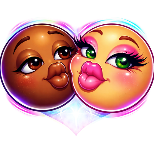 Two emoji kiss time one darker brown, this emoji dark brown, brown eyes has no make up turning with puckered lips to kiss other emoji's big puckered plump juicy lips with pink glossy lips this emoji color tan is slightly turned towards first emoji green eyes add fake longer eye lashes, add light pink blush puckered lips alot of makeup on this emoji