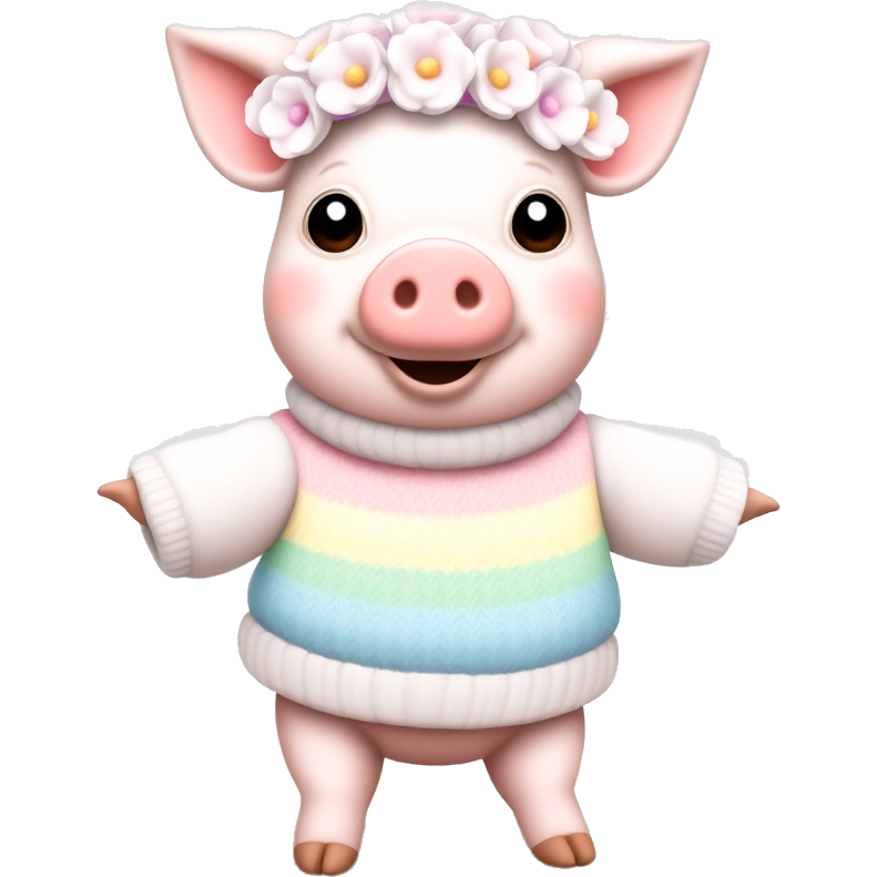 Pastel Pepa: Imagine a whimsical pig wearing a cozy pastel rainbow sweater and a flower crown made of soft pink and lavender blooms. She twirls gracefully in a field dotted with pastel-colored clouds and glittering stars, radiating warm, gentle vibes as butterflies flit around her. π¦πΈβ¨
