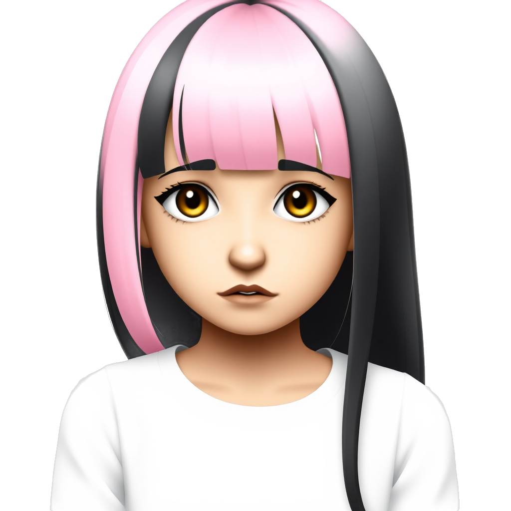 Girl with pink and black long split hair with bangs, black nose ring, big eyelashes, eyeliner, brown lips, pale skin looking sad