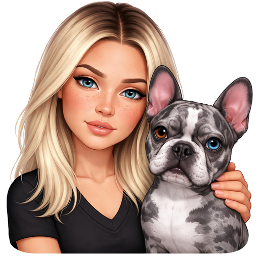 Ice Blonde dark roots no makeup 38 year old girl blue-grey eye color squinty dark freckles straight hair holding gray merle blue eye brown eye French bulldog serious black v neck tshirt