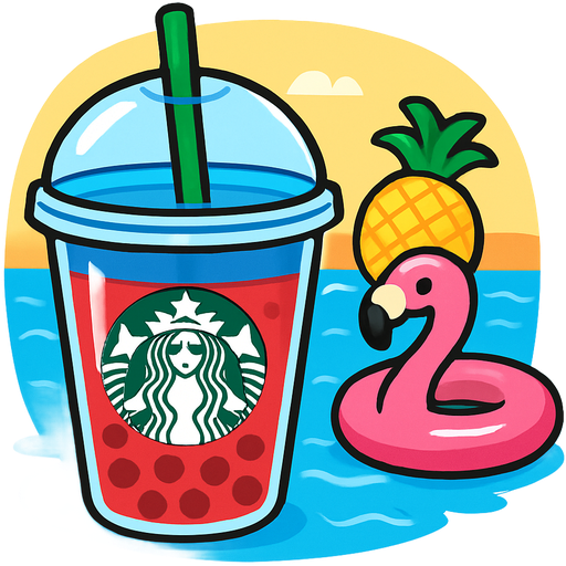 Blue Starbucks, drink with red Boba, the bottom and back a pool beach party with a flamingo floating a pineapple floaty in the background