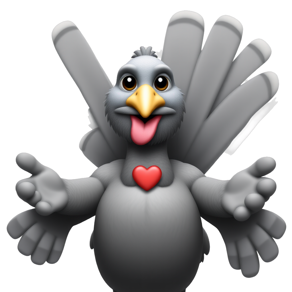 A grey bearded turkey reaching out with open arms offering a hug, with a small red valentine heart on his chest