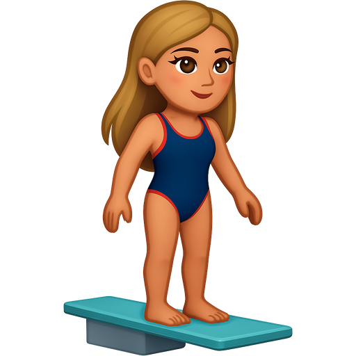 A girl with long dirty blond hair and tan skin and brown eyes and a dark blue swim suit with red outline and long eye lashes and blush and highlighter standing on a diving board