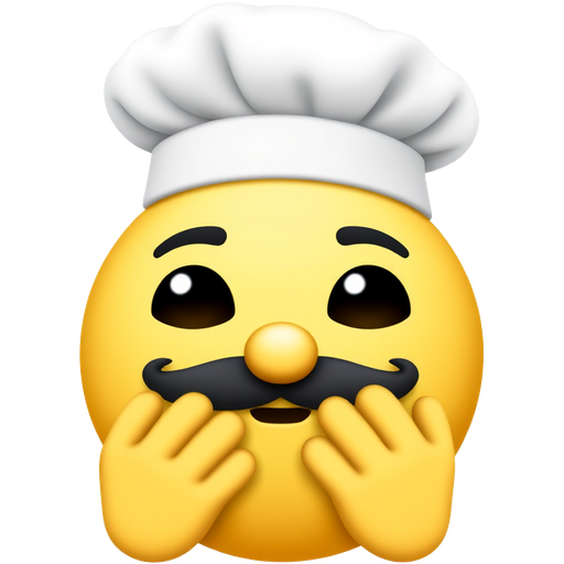 A yellow round face emoji wearing a chef hat and mustache doing chef’s kiss facial expression with hands
