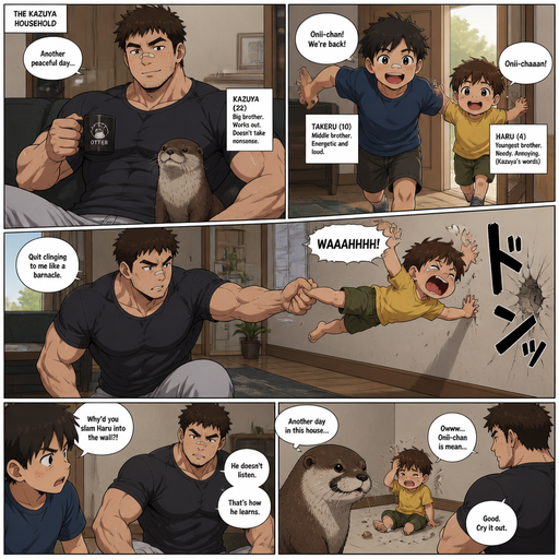 A DETAILED AND LIFELIKE ANIME Comic Book STORY of a Bulky but Muscular ANIME Cute Bara Man With Peach toned skin Who looks Normal aind round facial Structure and Basic facial structure With Puffy and Big Pecs that are visible through the shirt and Biceps and Bandaid on his nose and Brown short hair that makes them look tough. Wearing normal With his pet Grown and healthy realistic otter and 2 little brothers that are in different ages but young. And he doesn‘t like the youngest one and the youngest flys to the wall while he holds the youngests foot