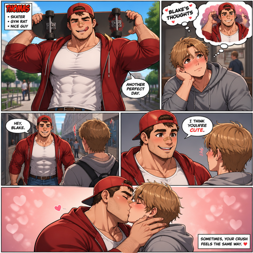 A Comic book story of a Bulky and muscular ANIME Cute Bara Man Who looks Normal and American with a round facial Structure and Basic facial structure With Big Pecs and Biceps and Bandaid on his nose. Wearing a Shirt and Unzipped jacket and jeans with and a backwards hat and Scarlett Red and his names named Thomas. Holding his skate board behind his head and licking his teeth. And his Crush Blake looking and dreaming of him. Then walk over to Thomas walks to Blake and says I think you’re cute. And Blake smiles.and kisses him
