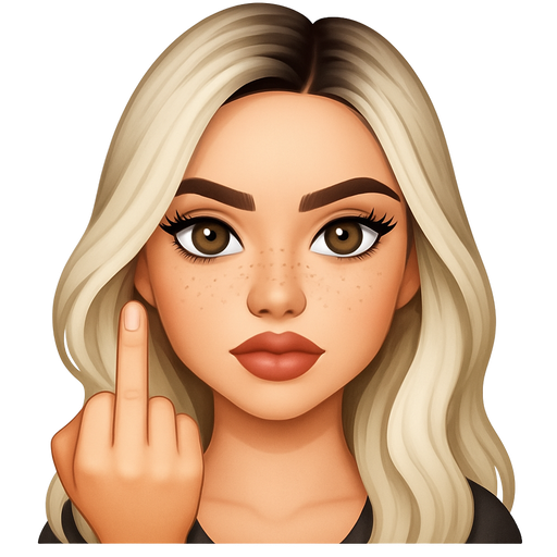 Female baddie with full but not too big lips a slight bumpy nose high cheek bones with freckles hazel eyes long lashes very fair skin with long slightly wavy ice blonde hair and dark roots parted to the side sticking up her middle finger
