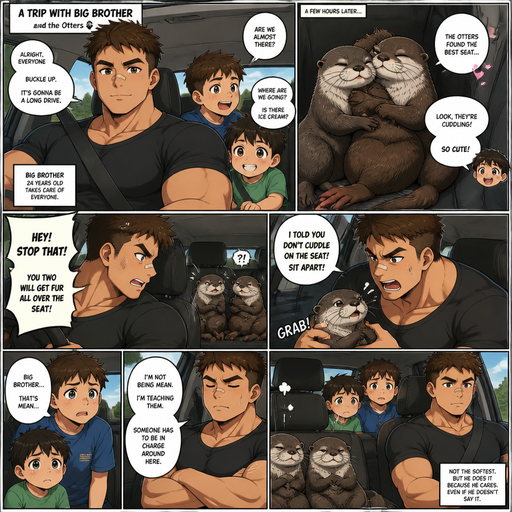 A DETAILED AND LIFELIKE ANIME Comic Book story view of a Bulky but Muscular ANIME Cute Bara Man With Peach toned skin Who looks Normal aind round facial Structure and Basic facial structure With Puffy and Big Pecs that are visible through the shirt and Biceps and Bandaid on his nose and Brown short hair that makes them look tough. Wearing normal With his pet Grown and healthy realistic otter and 2 little brothers that are in different ages but young. And they Go on a Trip in the car, and the 2 otters cuddle on one seat but big brother (the one that Takes care of all of them) Mistreats them when they do that. M