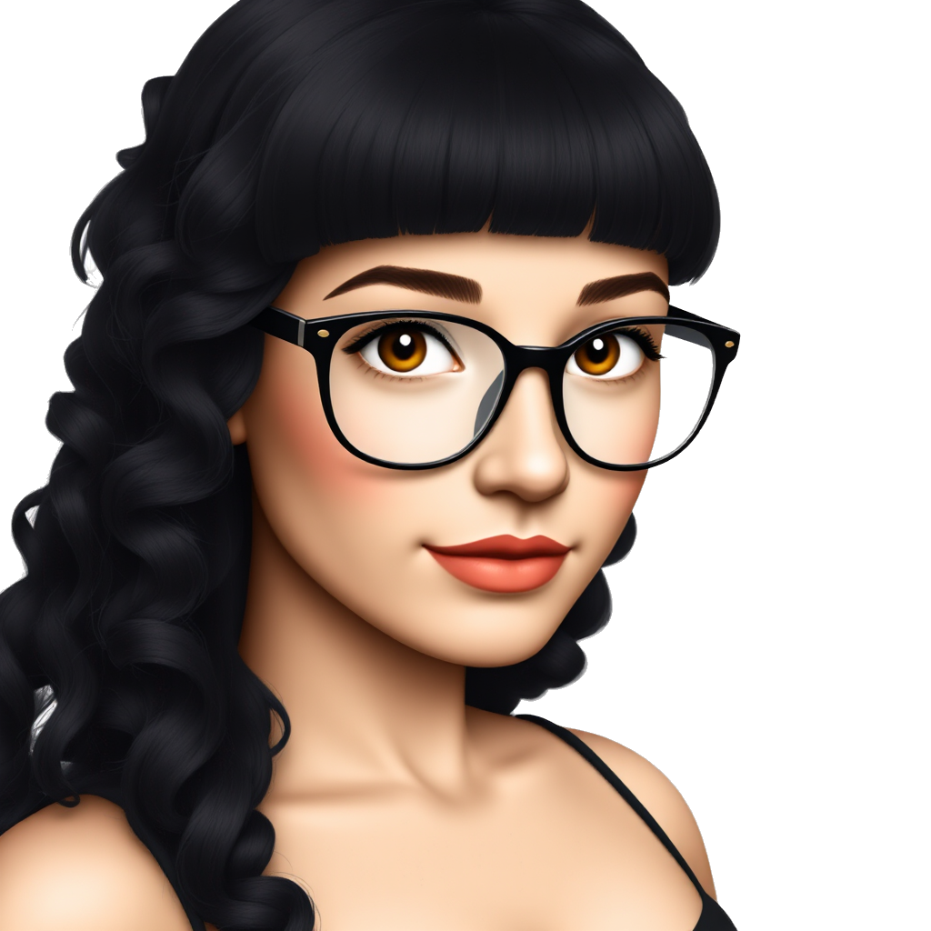 A young woman with long black mullet curly hair and a micro straight bang, micro eyebrows ,brown eyes all dress in black with big glasses and a septum piercing