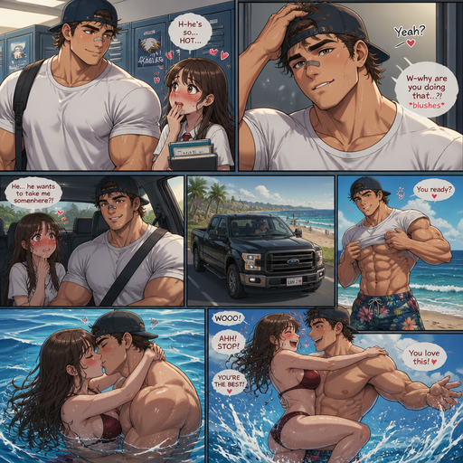 A ANIME CHARACTER that is Bulky and Slim and Small body and all the muscle, Beef and Bulk are in his Biceps but equal through his body ANIME Cute and Irresistible Bara Man Who looks Normal and American with a round facial Structure and Basic facial structure With Puffy and Big Pecs that are visible through the shirt and Biceps and Bandaid on his nose. Wearing a White Baggy Shirt and Tight Tropical shorts with a baseball hat Hat on. at school with his Crush blushing. And he drives his hands through his hair and tussles and makes her blush by biting his lip. He takes her into his truck and they go to the beach and he changes into his swimsuit and they go into the water and they Kiss. And then he spins her around and they have fun