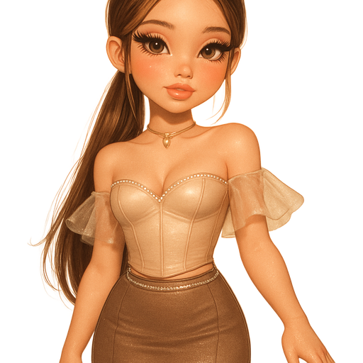 luxury glossy bratz-anime romantic aesthetic, warm cinematic glow, crisp clean detail, glossy glam skin. brown eyed Petite girl, fair skin with soft freckles, long wide face with tall forehead, honey-golden almond wide-set upturned eyes, fluttery lashes, shimmer highlight, plush lips, bottom heavy lip, sweet Belle-princess vibe, long straight brunette hair with visible light blonde highlights, softly defined feminine body, soft hourglass shape with full round bust, peach-glazed sugar clinging to fingertips, cropped satin corset in whispering champagne-beige, structured with soft boning and subtle sheen catching warm light, neckline rimmed with miniature crystal droplets reflecting faint pink sparkles, off-shoulder mesh sleeves that ripple like butterfly wings, paired with a high-waisted mocha micro-skirt hugged by a delicate rhinestone waistband; glossy taupe platform boots towering and soft at the ankle, faint reflection of pastel lights along their patent surface; hair slicked into a low side ponytail, honey-brown with warm threads of gold, secured with a clip; skin kissed with rose-gold radiance along collarbones, cheeks dusted in muted toffee blush, lips glazed with clear vanilla gloss, gold heart choker resting against hollow of throat, nails glassy almond-pink tipped with silver shimmer. Cozy romantic glow, soft warm lighting, pop-princess energy