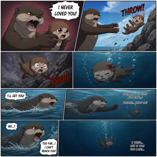 A comic book of a cute baby thrown at a rock by a bigger otter who is mad and says I never loved you And the Big otter swims to fast for the baby otter but tries but the Baby otter tries but didn’t make it