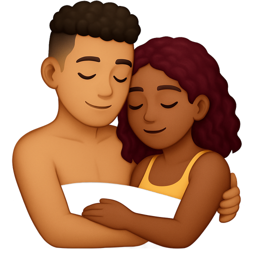 a couple (man and woman) cuddling in a bed. The man doesn’t have any facial hair. His hair is dark brown. His hair style is a mid fade with thick, curly hair on top. He is light skinned/tan. He also has brown eyes that are dark. The woman is also lightskinned/tan but a lil more darker than the man so like brown skinned. She has dark red (burgundy) hair that’s dyed. Her hair is long but not super long probably shoulder length but a lil longer. Her hairstyle is a Rezo cut (A dry-cutting technique for curly, wavy, and coily hair that maximizes volume, body, and length It uses "V" sectioning and circular techniques to lift curls from the root, offering an even shape throughout rather than focusing only on framing the face.) She also has dark brown eyes like the man. The woman has slightly longer lashes aswell. Lastly the woman has a slim thick body while the man is slim but not skinny