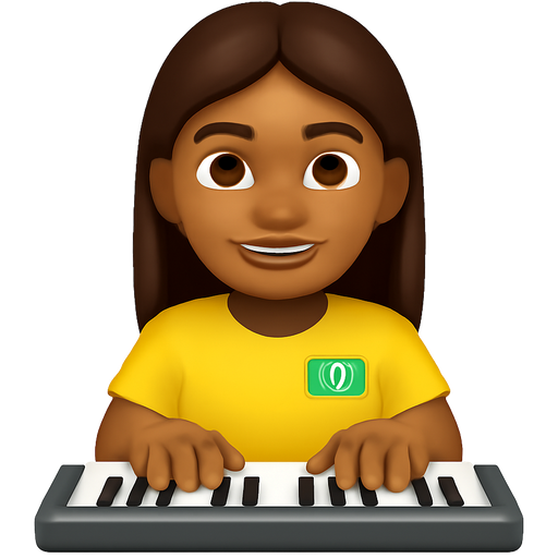 Dark brow haired girl playing the keyboards. She has light brown skin and is Brazilian. She is smiling