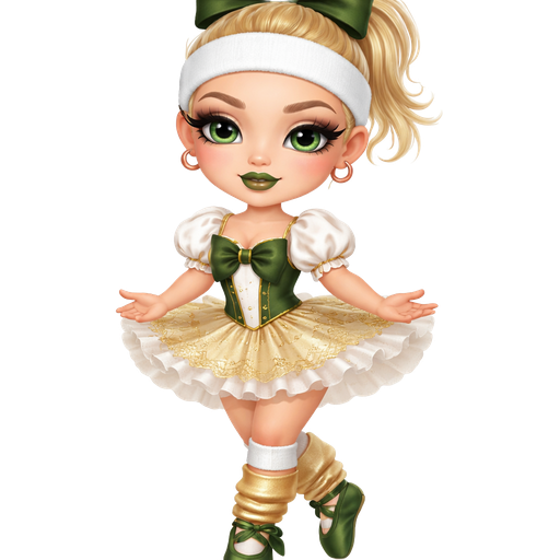 Banana Twirl with a Fair-Light Warm Soft Beige Skin Tone with a Full Lip Shape With a Slight Doll Eyelash Shape and A Dark Green Tinted Matte Lipstick with a Grey-ish Blue Eyeshadow and a Curved Round Eyebrow with a Almond Eye Shape and a Square Face Shape with Light Blonde Hair in a Short Ponytail Hairstyle in a Up Position With the Bows Being A Dark Moss Green With a White Sweat Band on Her Forehead Wearing a White Ballet Dress With the Skirt Being Gold and White Short Puffed Sleeves and the Center of Dress Has a Dark Moss Green Bow With the Strap Being White Wearing White Sweat Band Round her Knees and Gold Leg Warmers Round her Ankles and Dark Green Ballerina Slippers with Ivy-Green Eyes with a Mature Adult Toned Shape and Vivid with 3D Distinct Features And High Visual Textures in a Soft 4K Intense Polished Shine