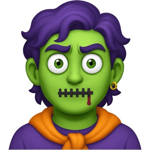 A male character He has wavy purple a bit long hair, and wears a purple shirt with an orange jacket tied around his shoulders, his eyes are green, he has bugged eyes and he has thick, sharply exaggerated high eyebrows, he should have green skin, his mouth should be black wired shut and his mouth should be kinda bleeding like not much, he has a golden earring one earring on his left ear