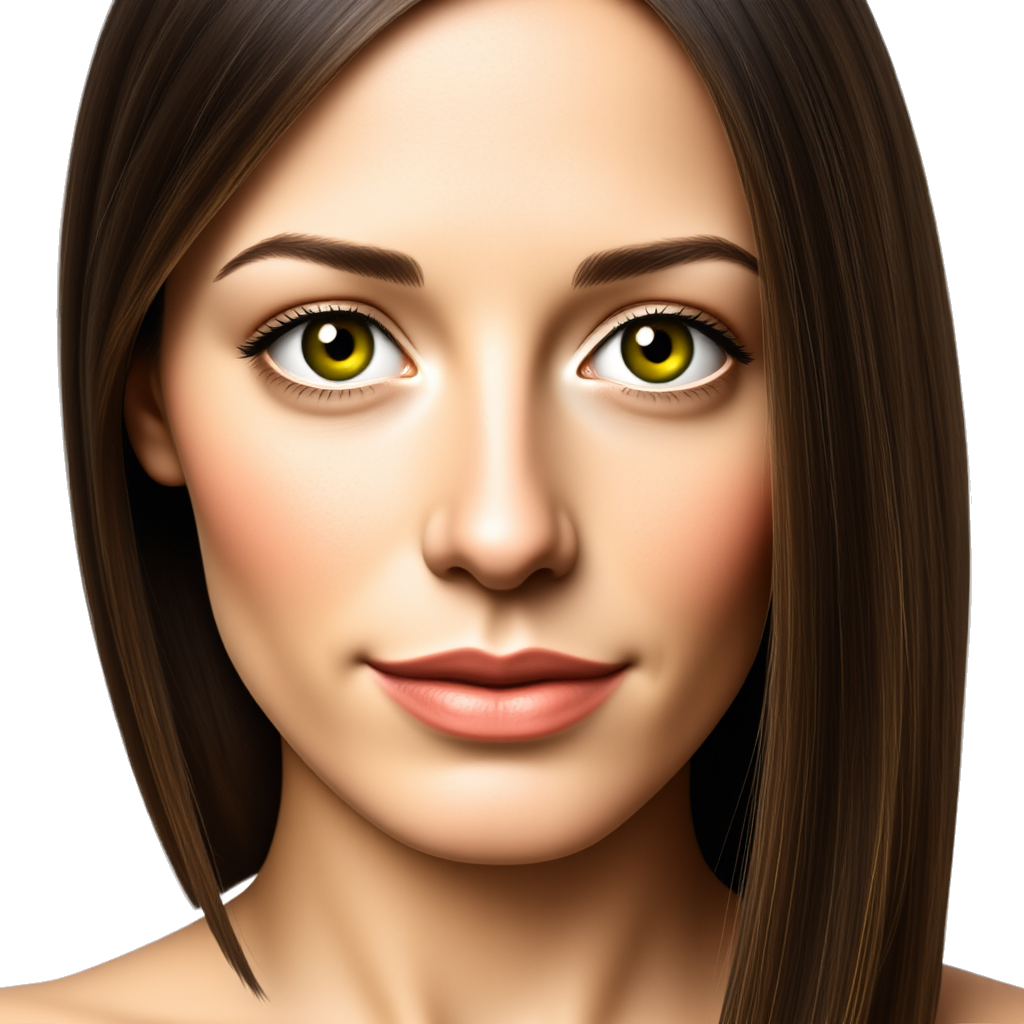 woman with sharp cheekbones, straight nose and shoulder length straight dark brown hair and green eyes