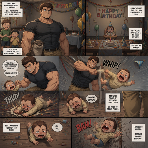 A DETAILED AND LIFELIKE LONG aNIME Comic Book story view of a Bulky but Muscular ANIME Cute Bara Man With Peach toned skin Who looks Normal aind round facial Structure and Basic facial structure With Puffy and Big Pecs that are visible through the shirt and Biceps and Bandaid on his nose and Brown short hair that makes them look tough. Wearing normal With his pet Grown and healthy realistic otter and 2 little brothers that are in different ages but young. At the baby brother‘s birthday party And the baby on his birthday was left home alone with no one at his party and it was a prank from him with no one around to show that the baby isn’t loved And so he picks the little baby brother up at his alone Party by the arm and the baby brother fly’s into to the floor and cries but is to weak and the baby brother sits there coughing and unable to the table and taken and weighted down on the floor by him. And tries to crawl to him but flies to the wall