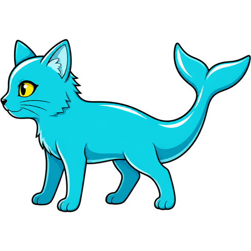 cyan dolphin tail with white highlights instead + cyan cat with white highlights and yellow eyes and cyan legs =hybrid side view
