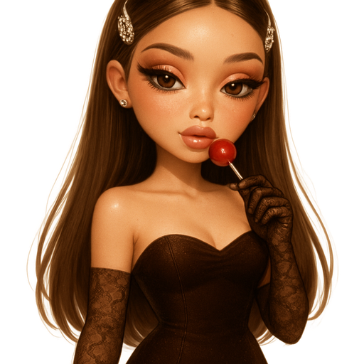 luxury glossy bratz-anime romantic aesthetic, warm cinematic glow, crisp clean detail, glossy glam skin. brown eyed Petite girl, fair skin with soft freckles, long wide face with tall forehead, honey-golden almond wide-set upturned eyes, fluttery lashes, shimmer highlight, plush lips, bottom heavy lip, sweet Belle-princess vibe, long straight brunette hair with visible light blonde highlights, softly defined feminine body, soft hourglass shape with full round bust, strapless velvet mini dress in deep cocoa brown, bodice sculpted seamless, hem dusted with micro-sparkles like faint constellations; sheer lace gloves, fingertips glowing faintly from warm light beneath; caramel heels curved at the toe, glossy finish like melted toffee; hair slicked down center, gleaming, tucked neatly behind crystal-encrusted barrettes; eyelids glazed with cinnamon shimmer fading into rose haze, lashes long and separated like fans; glossy nude lips catching highlights as she moves, cherry-red lollipop in other hand leaving faint kiss-shaped sugar prints. Cozy romantic glow, soft warm lighting, pop-princess energy