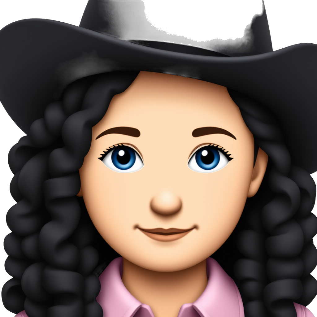 A girl with long black curly hair, eyelashes, blue eyes, sand skin tone, and a black cowboy hat with a light pink flannel shirt