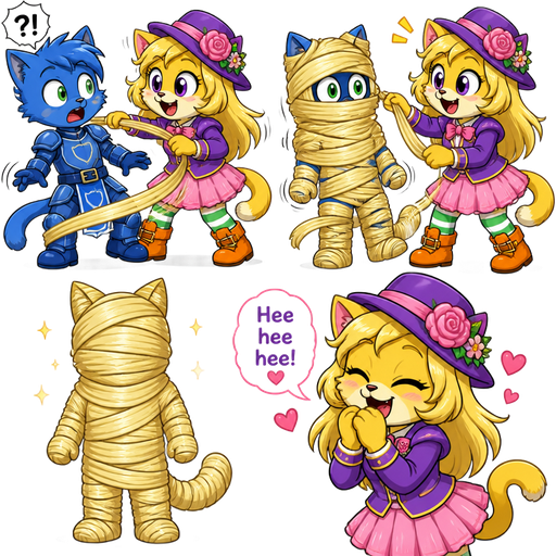 blue knight boy cat furry getting quickly wrapped up mummified by furry yellow cat anthro with purple eyes light blonde hair purple and pink florist hat and purple florist outfit green and white socks orange boots with buckles light pink skirt with light blonde hair 2 light blonde hair mummy shaped like green boy cat furry completely covered with light blonde hair mummy then furry yellow cat anthro with purple eyes light blonde hair purple and pink florist hat and purple florist outfit green and white socks orange boots with buckles light pink skirt lets out an adorable giggling cartoon comic version
