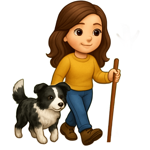 Walk in the forest with two border collies, one black and white (mottled color) and the other one a silver puppy, the girl is a brunette