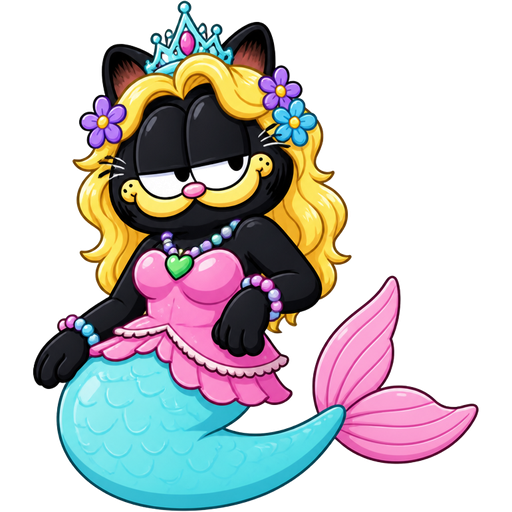 black cat furry with light yellow hair purple and blue flowers light cyan crown purple and green necklace pink and blue bracelets pink dress attached to long light cyan mermaid tail with pink tail fins garfield version