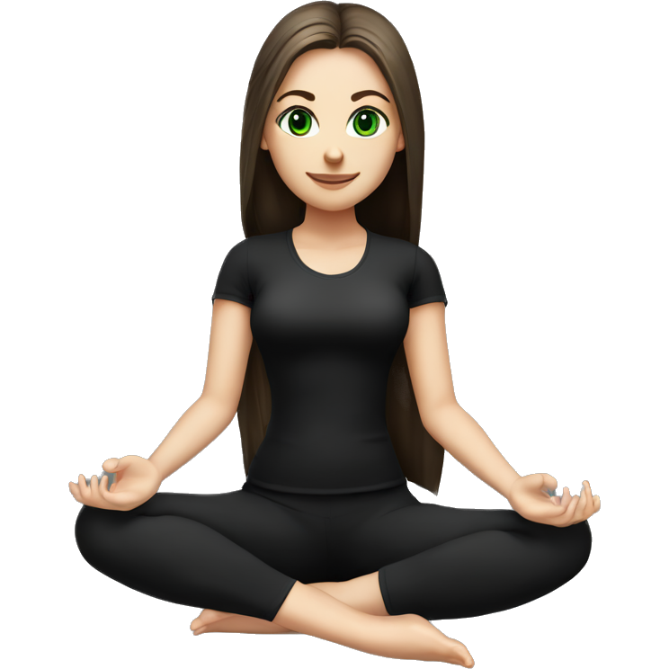 Beautiful white girl with perfect dark brown long straight amazing hair and green eyes sitting in yoga pose with black outfit (short sleeve top)